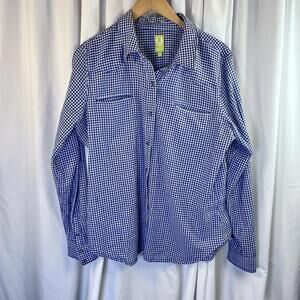 QMack Women’s Blouse Blue And White Checked XL Soft. Pearl Buttons EUC